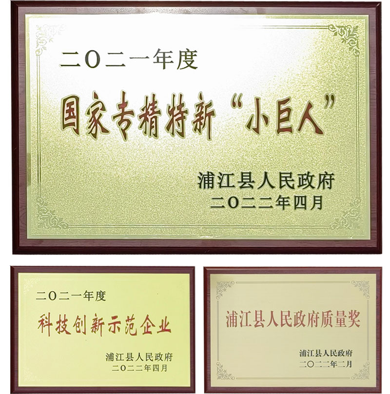 科技創新示范企業、浦江縣人民政府質量獎和國家專精特新“小巨人”